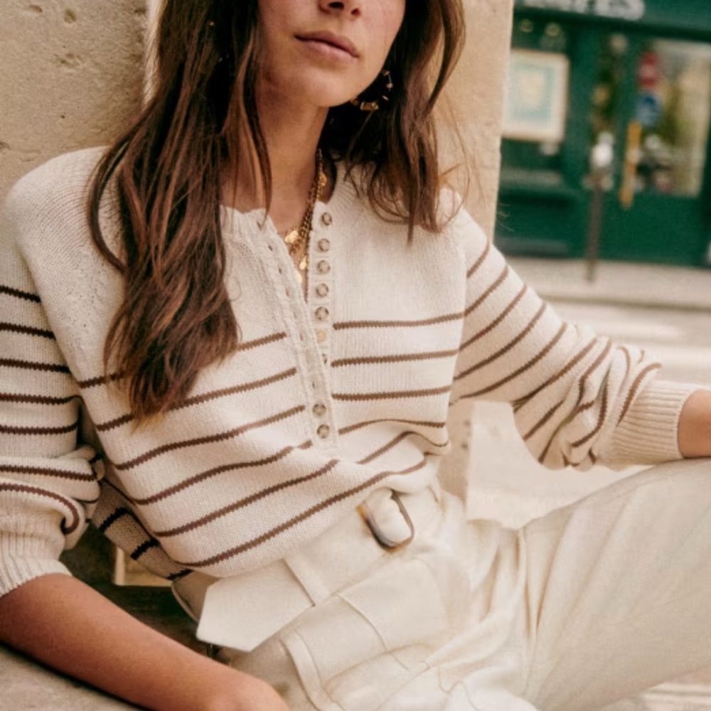 Sezane Leontine Sweater Ecru Camel Stripe SMALL